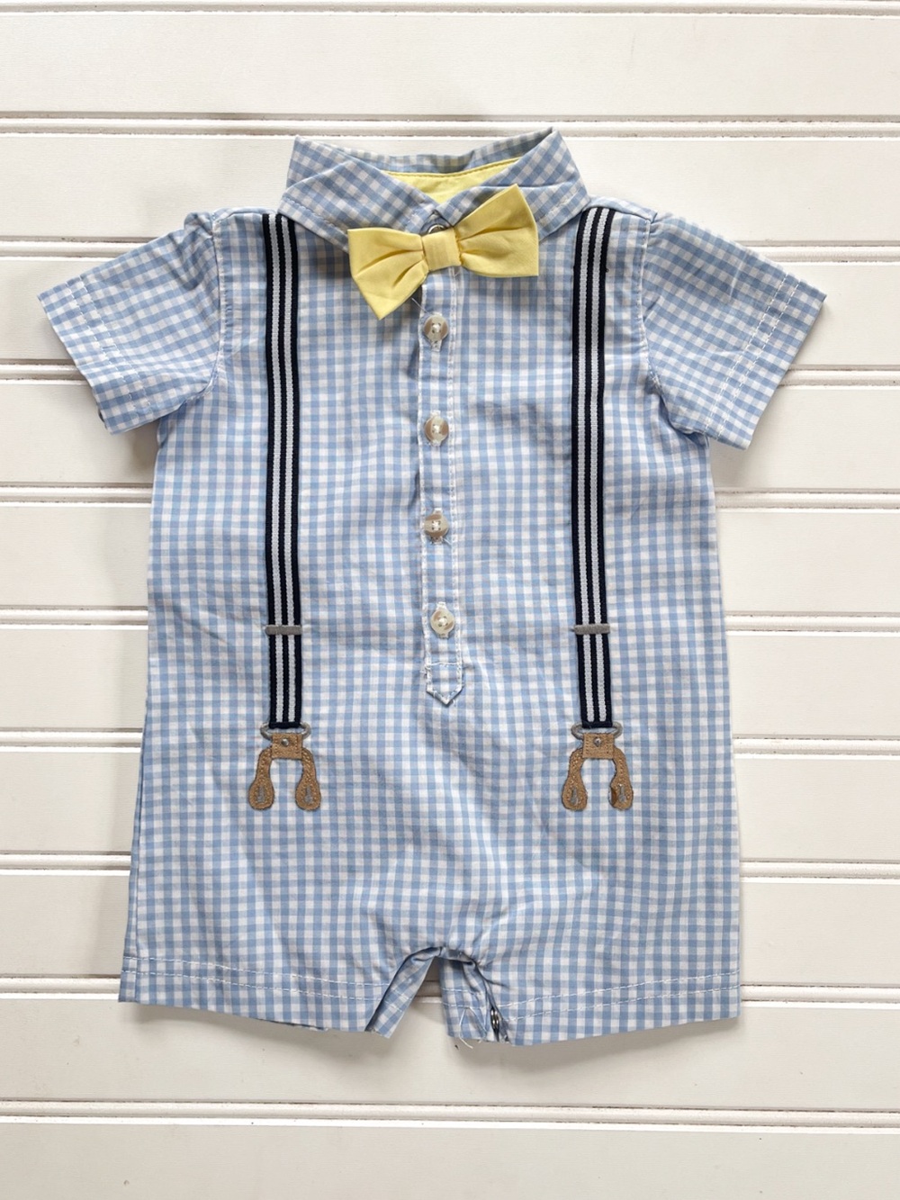 EDGEHILL COLLECTION NWOT Boys Gingham Suspender Bow Tie Outfit Romper